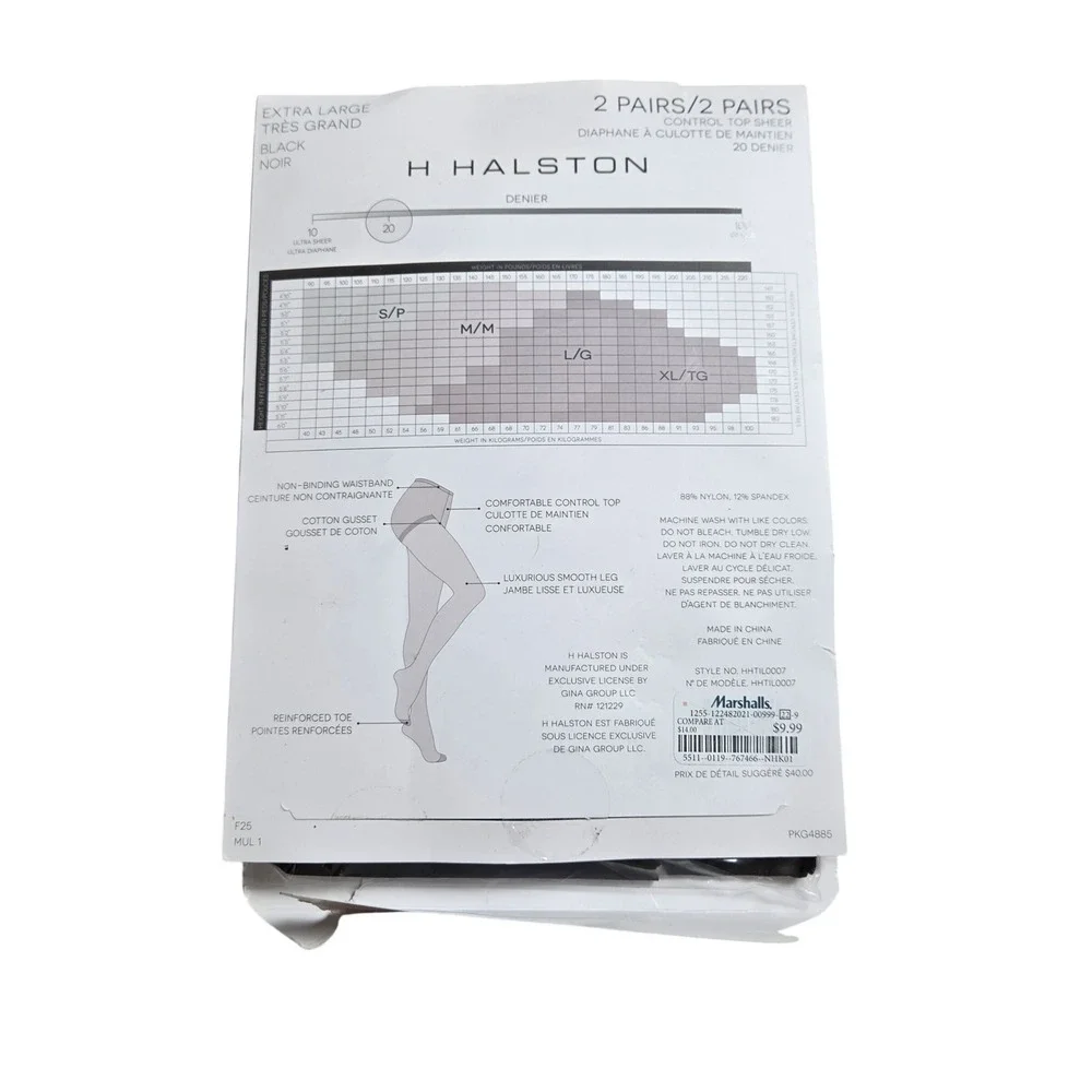 H Halston Control Top Sheer Tights XL 2 Pairs Black 20 Denier HHTIL0007 Open Box